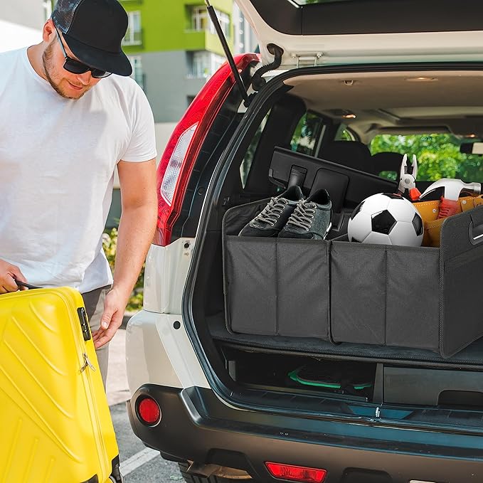 Simple Deluxe Trunk Organizer for Car/SUV/Truck, Collapsible 2 Compartment Automotive Storage Box, 600D Waterproof Oxford Polyester 50L Travel Accessories, Anti-slip & Leak-proof, Black New
