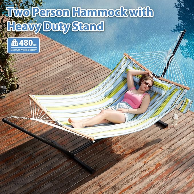 Homgava Two Person Hammock with Stand for Outside Heavy Duty, Outdoor Patio Hammock with Portable Steel Stand, Large Double Hammocks,480lbs Capacity.(Light Blue Stripes)