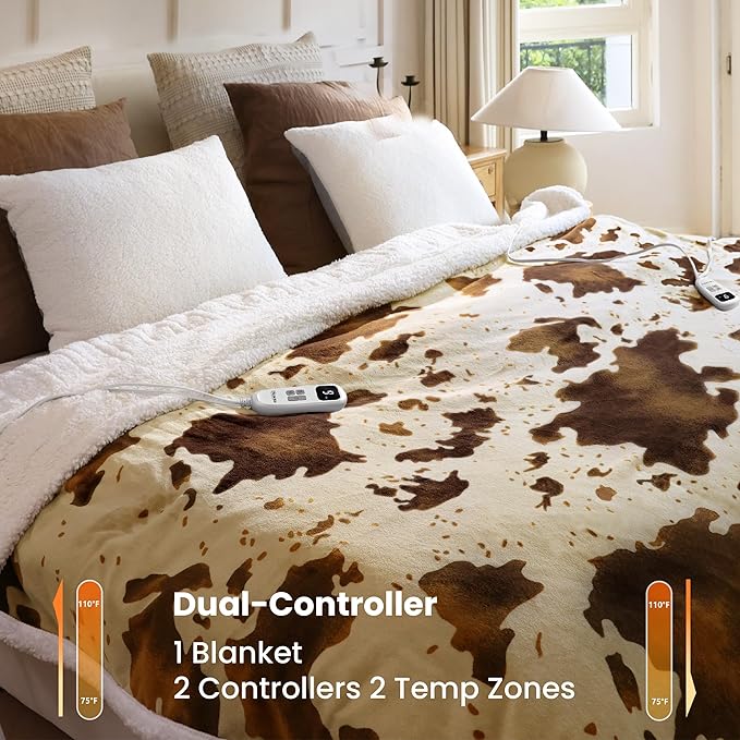 Heated Blanket King Blanket - Fast Heating Electric Blanket, Soft Flannel Heated King with 4 Time Settings,10 Heating Settings, Warm Gifts for Women&Mom & Grandma(90"x100"Cow Print Apricot)