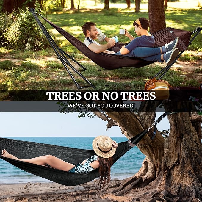 Tranquillo Combo x2 Hammocks with Stand for Outside & Tree Straps, Heavy Duty Hammock with Stand 600lbs for Indoor Outdoor Patio Backyard, x2 Hammocks for 2 Person (Combo - Brown, Medium)