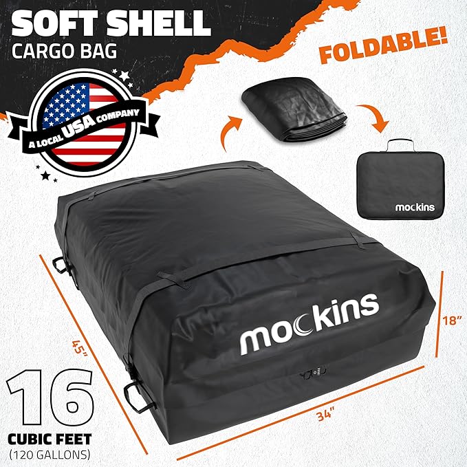 Mockins 16 Cu Ft No Rack Rooftop Cargo Carrier Bag | 45"x34"x18" Weatherproof Rooftop Cargo Bag for Top of Car | Car Topper Luggage Carrier Waterproof Set w/Accessories | Vehicle Soft-Shell Carriers