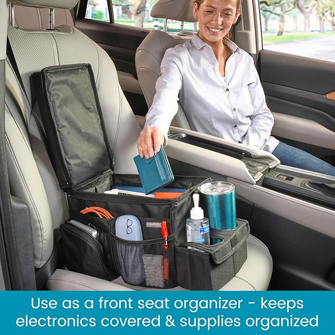 High Road CarHop Car Caddy Organizer with Road Trip Cooler, Car Cup Holder Bin, Sturdy Snack and Play Lid and 6 Organization and Storage Pockets