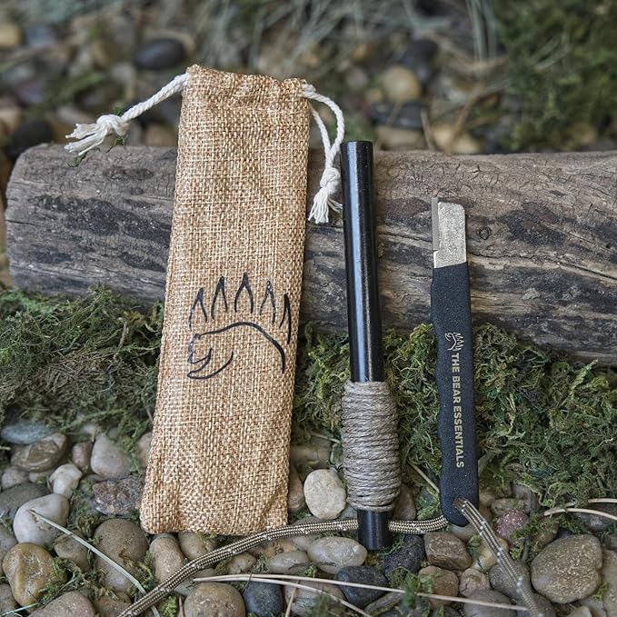 The Bear Essentials - 6" x 1/2" Large Ferro Rod & Tungsten Striker Fire Starter Survival Kit, Reflective Paracord, Waxed Hemp & Burlap Sack -20,000+ Strikes