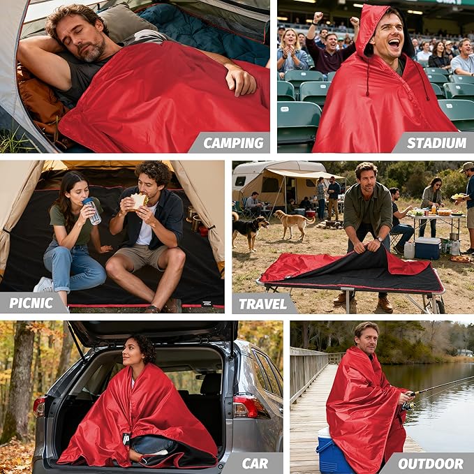 Fleece Waterproof Outdoor Blanket - Windproof Stadium Blanket for Camping, Picnics, and Sports Stay Dry and Comfortable 80"x 58"(Hoodeed, Red)