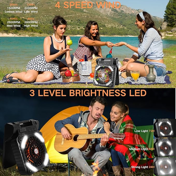 Solar Powered Portable Camping Fan,10400mAh rechargeable Solar Power Cordless Battery Fan with LED Lantern | 4 Wind Speeds Adjustable |3 Timers Modes | Quiet , Perfect for Tent, Fishing ,Picnic,orange