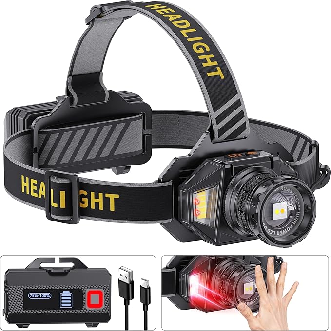 LED Headlamp Rechargeable，99000 Super Bright Head Lamp with 12 Modes & 90H Long Battery Life & IPX7 Waterproof,90° Adjustable Headlight for Outdoor Camping, Cycling, Hiking