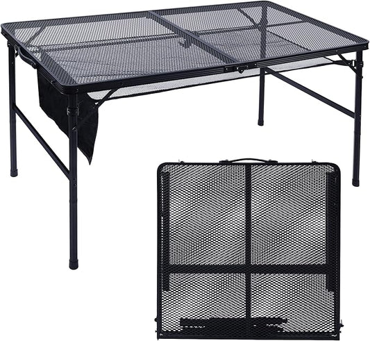 JOUYEK Folding Grill Table, 4x2 FT Portable Camping Table, Lightweight Height Adjustable Metal Tables with Mesh Desktop and Mesh Bag, Outdoor Tables for Camping, Picnic, Beach and BBQ, Black