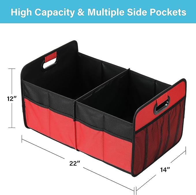 Simple Deluxe Car Trunk Organizer, 2 Compartments Collapsible Trunk Storage, Anti-slip Design, Made of Waterproof 600D Oxford Polyester, Suitable for SUV, Minivan, Truck, Standard Size, Red New