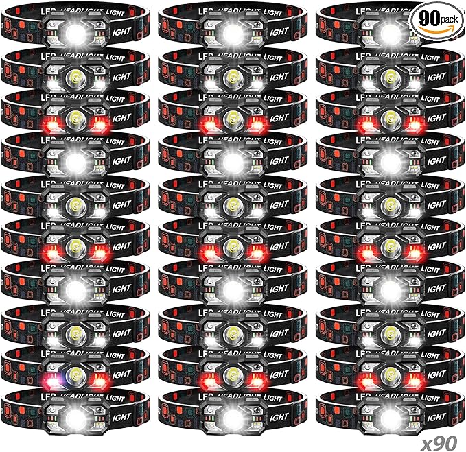 Headlamp Rechargeable 90Pack, 3000 Lumen Ultra-Light Bright Headlamp Flashlight with White Red Light, LED Headlight, 5+5 Mode for Outdoor Camping Fishing Running Hiking (90)