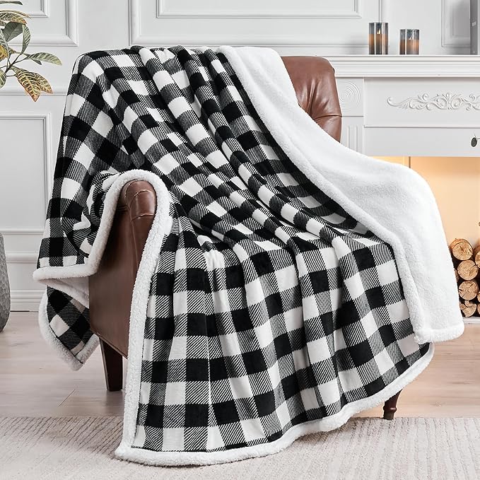 BEDELITE Sherpa Fleece Blanket - Black and White Buffalo Plaid Christmas Blanket, Super Soft Cozy Warm Thick Winter Throw Blankets for Couch and Bed, 50" x 60"