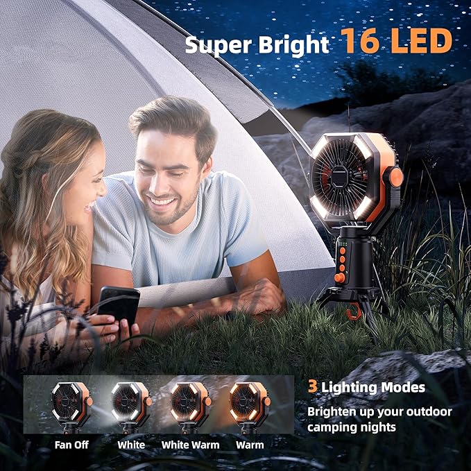 MORIKO Table Fans Tripod, 20000mAh Rechargeable Battery Operated Portable Tent Fan with LED Lantern, Remote Control, Hook, 270° Pivot, Stepless Speed-Ideal for Camping, Picnic, Barbecue, Jobsite