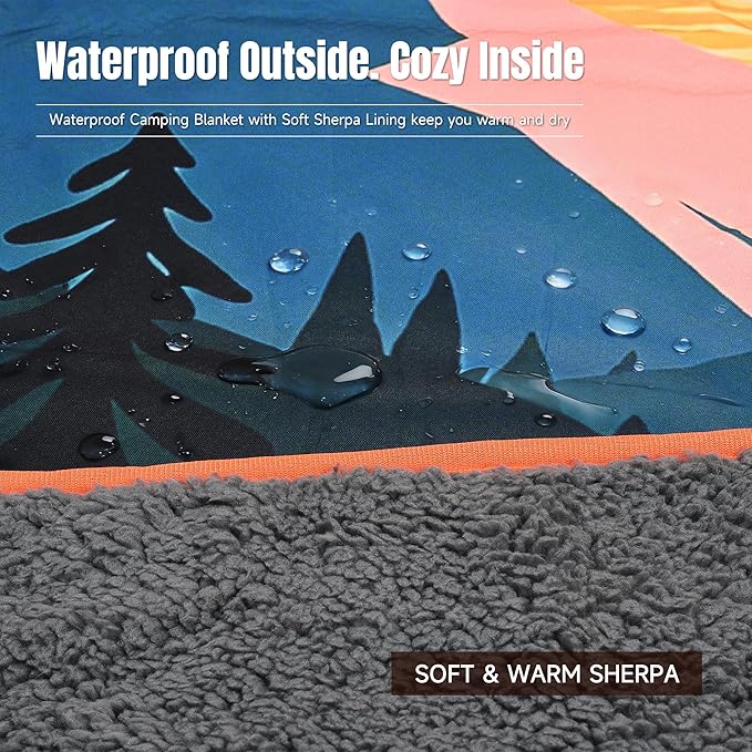 Tirrinia Waterproof Outdoor Blanket, Warm Windproof Stadium Blankets with Sherpa Lining, Foldable Camping Blanket, Emergency Blanket with Mountain Landscape Design for Car, Beach, Picnic, Hiking