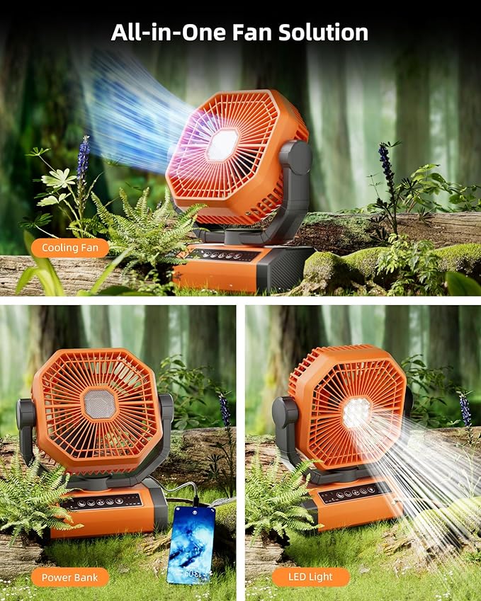 MORIKO Table Fans, 10000mAh Rechargeable Battery Operated Portable Tent Fan with LED Lantern, Remote Control, Hook, 270° Pivot, Stepless Speed-Ideal for Camping, Picnic, Barbecue, Jobsite
