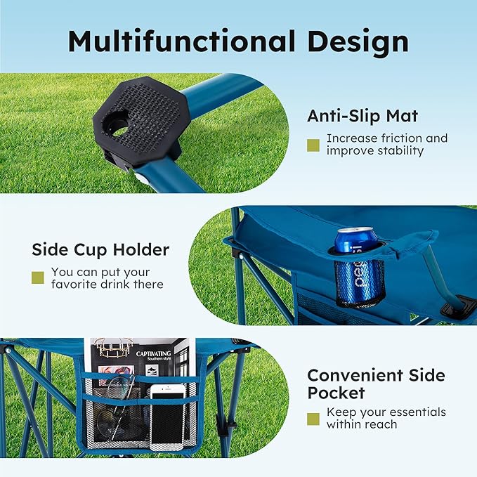 ALPHA CAMP Camping Chairs 350LBS Capacity, Heavy Duty Folding Chair with 4-Can Cooler Bag, Portable Outdoor Chair with Cup Holder for Adults, Collapsible for Tailgating, Beach, Fishing,Black,2PC