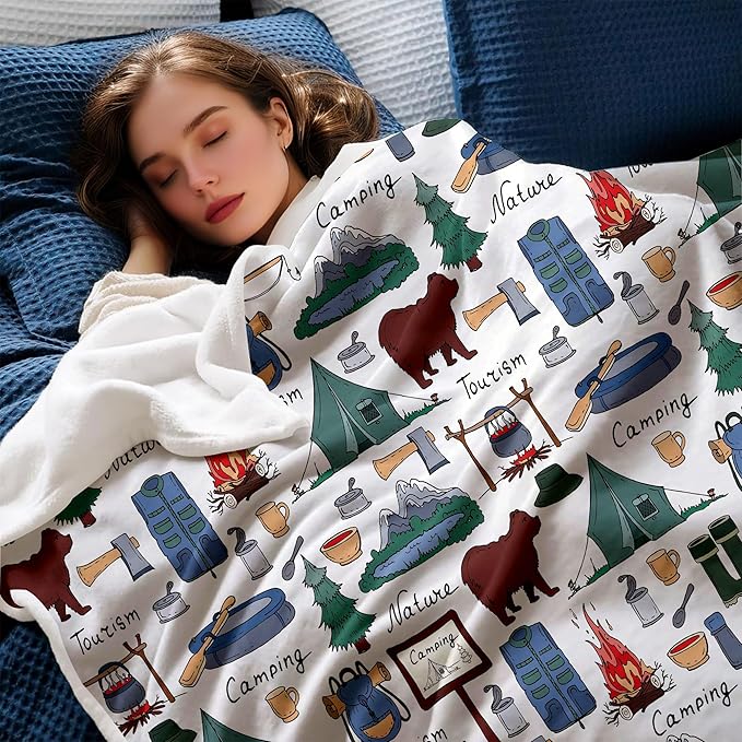 Large Fleece Travel Throw Blanket for Couch, Sofa, Camping Throw Blanket, Outdoor Super Soft and Warm Blankets, Camper Throw All Season Use, Cozy, Plush, Lightweight, 50"X60" ﻿