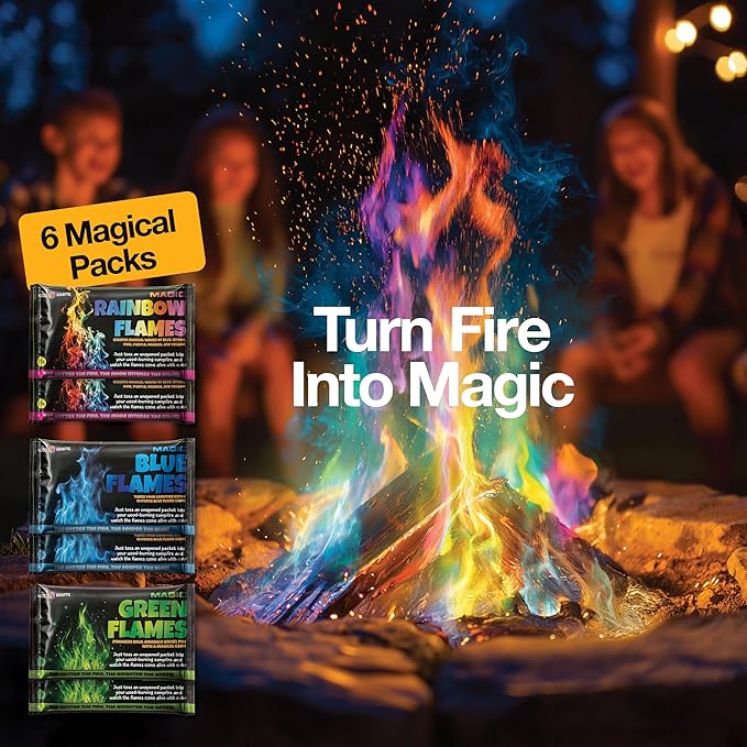 Complete Campfire Kit , Box include 6 Magical Color Changing Fire Packs, 20 Game Cards, 10 Glowsticks, 2 Fire Starters, 10 Incense Sticks, 10 Bamboo Sticks, Fun Camping Set, Outdoor Parties, Campfire