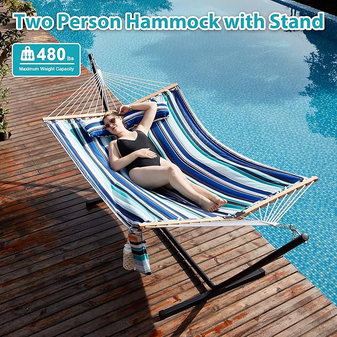 Homgava Two Person Hammock with Stand for Outside Heavy Duty, Outdoor Patio Hammock with Portable Steel Stand, Large Double Hammocks,480lbs Capacity.(Blue Stripes)