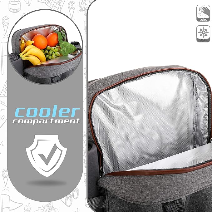 ALLCAMP Picnic Backpack - Insulated Cooler Bag with Compartment, Detachable Wine Glass Holder, Throw Blanket & Cutlery Set, 2 Person Picnic Set for Family Outings, Couple Gifts (Gray)