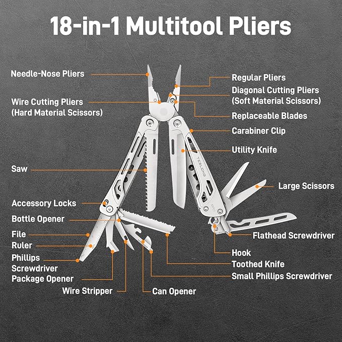 Teslong 18-in-1 EDC Multitool Pliers with Scissors, Pocket Knifes with Screwdrivers, Replaceable Wire Cutters and Saw with Self-locking, Outdoor, Survival, Camping, Stainless Steel, Gift for Men Dad