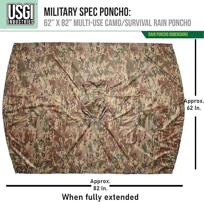USGI Industries Military Style Poncho Multi Use Rip Stop Camouflage Rain Poncho