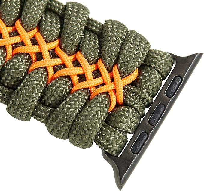 Savior Survival Gear Paracord Watch Band, Compatible with Apple Watch Band 49mm 46mm 45mm 44mm 42mm, iWatch Band Series Ultra 10 9 8 7 6 5 4 3 2 1 SE, Adjustable strap for men ( Green & Orange, Large)