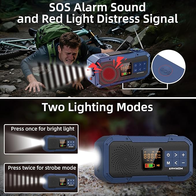 Hand Crank Emergency Radio with Bluetooth,AM/FM/NOAA,2000mAh Backup Battery,Solar & USB Power,Weather Radios for Home,IPX5 Waterproof,Shock-Resistant,with Flashlight and SOS for Camping Survival