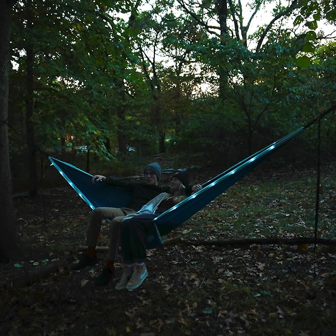 Equip Outdoors Portable Camping Illuminated Hammock, Hanging Kit Included, Two Person Light Up Hammock, Blue, 124'' L x 77'' W (99554)