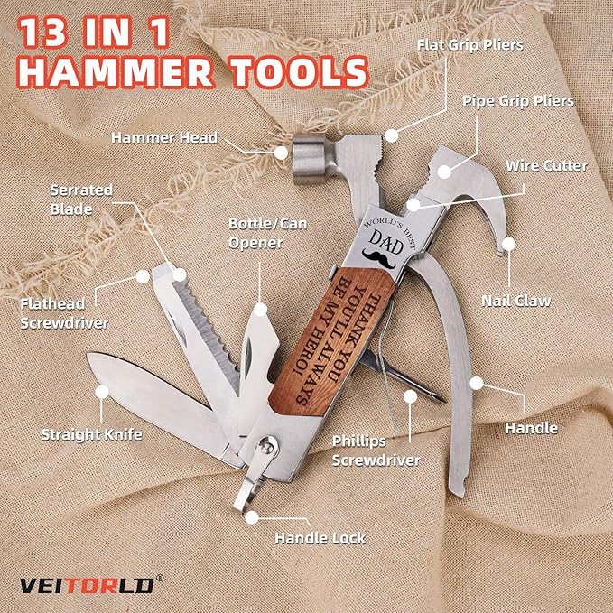 VEITORLD Gifts for Dad from Daughter Son Kids, Fathers Day, All in One Tools Hammer Multitool with Engraved Wooden Box, Unique Birthday Gift Ideas for Men Stepdad Him, Cool Gadgets(Dad are Hero)