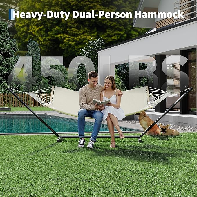Garvee 2 Person Outdoor Hammock with Stand, Heavy Duty Portable Double Hammock with Balance Rope, MAX 450 LBS Capacity for Patio, Backyard, Garden, Beach