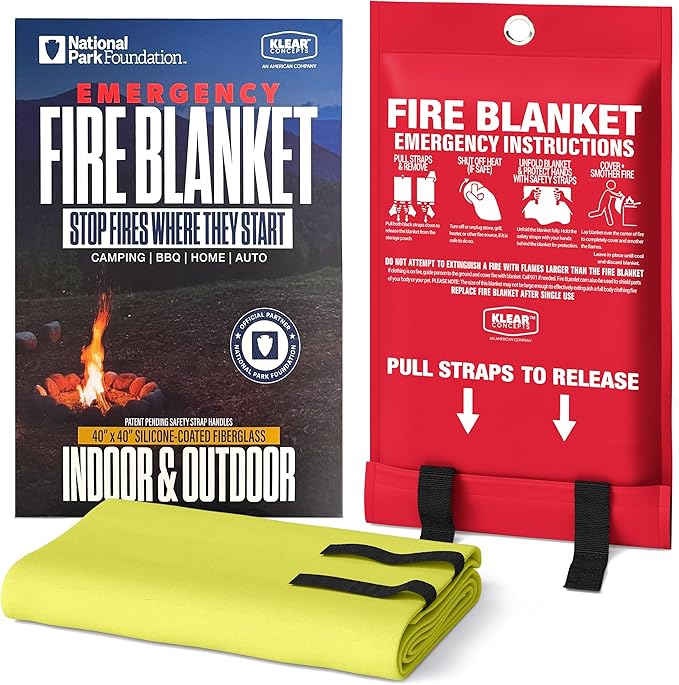 National Park Foundation Partner Emergency Silicone Fire Blanket with Safety Handles, 40"x40" Silicone Coated UM9 Fiberglass Fire Blanket, Home and Kitchen Fires, Camping Gear, Designed in USA
