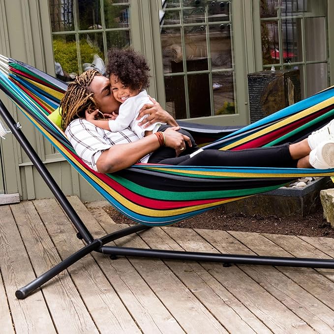 Vivere Double Cotton Hammock with Space Saving Steel Stand, Upgraded Polyester End Strings 450 lb Capacity - Premium Carry Bag Included - USA Grown Cotton (Rio Night)