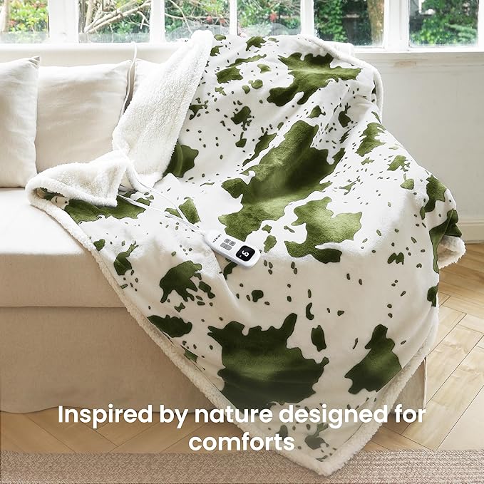 Heated Blanket Throw Blanket - Fast Heating Electric Blanket, Soft Flannel Heated Throw with 4 Time Settings,10 Heating Settings, Warm Gifts for Women & Mom & Grandma(50"x60"Cow Print Sage)