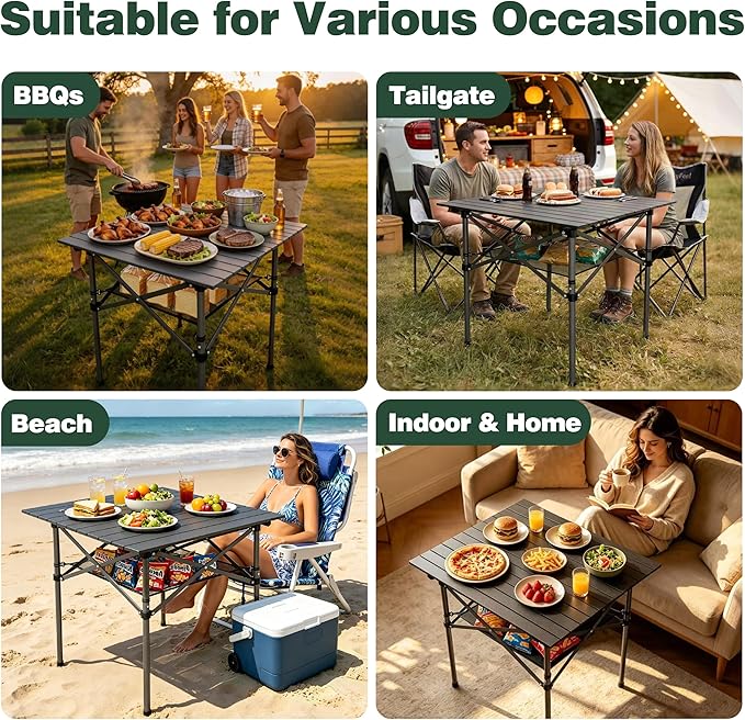 SUNNYFEEL Aluminum Folding Table for Camping, Lightweight Roll Up Top, Portable Camp Tables with Carry Bag for Outdoor Picnic (Square, Brown)