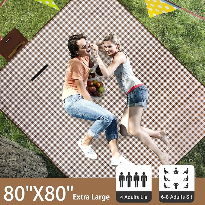HX&OD Outdoor Picnic Blanket 80"X80" Picnic Mat Extra Large Camping Blanket Beach Blanket Foldable Waterproof Sand Mat Hiking Travel Family Concerts(Brown)