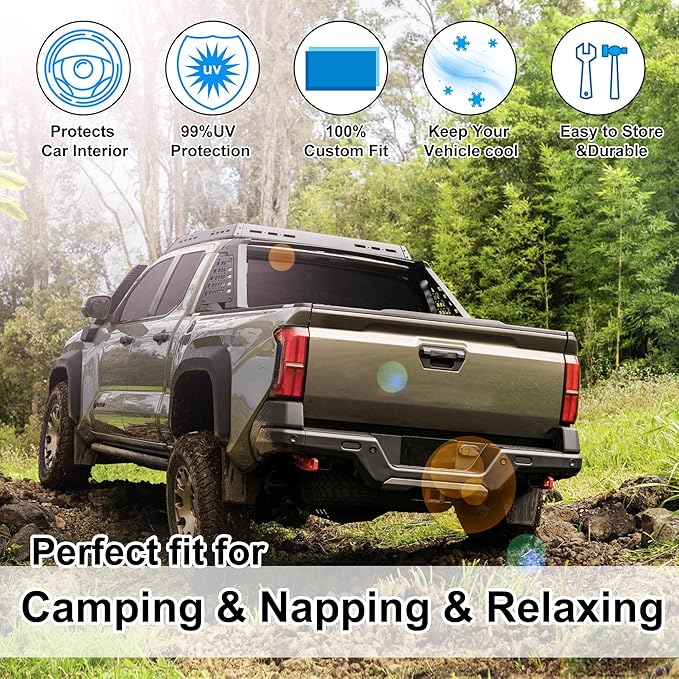 6PCS Windshield Sun Shade Custom Fit for 2024 2025 2026 Toyota Tacoma Accessories Foldable Sunshade Side Rear Window Shade Cover Full Set Privacy Protection Keeps Car Cool