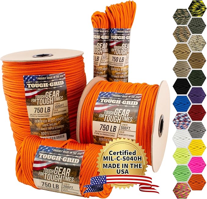 TOUGH-GRID 750 Paracord Military Grade Nylon Rope - Type IV Mil-Spec Made in USA - Tactical Survival Cord
