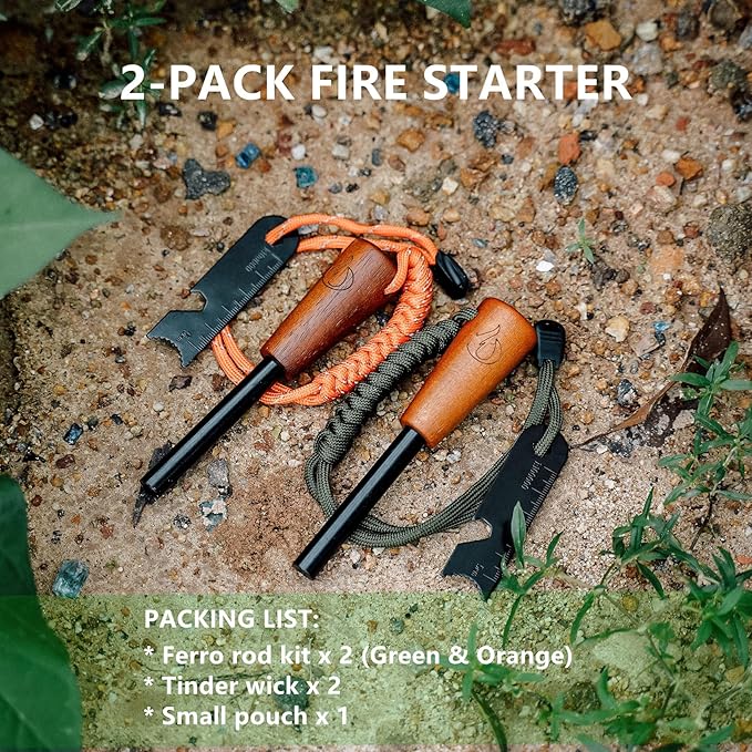onlyfire Fire Starter Survival Tool, Ferro Rod Kit with Tinder Wick, Pouch, Waterproof Flint and Steel Fire Starter for Camping, Hiking and Backpacking Gear