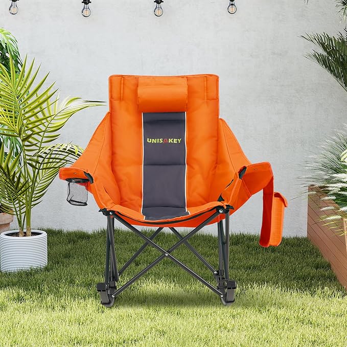Unisakey Oversized Rocking Camping Chair with Headrest & Cup Holder - 400lbs Capacity, 600D Oxford Fabric, Easy Fold Portable Outdoor Rocker Chair for Camping, Backyard, Beach, Orange