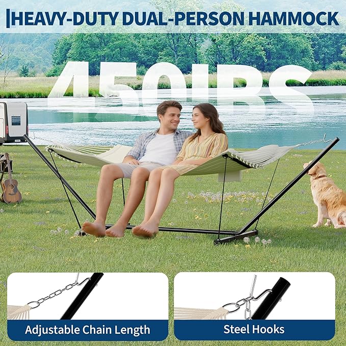 Garvee﻿ 2 Person Hammock with Stand for Outside, Double Hammock with Stand and Pillow, Max 450 Lbs Capacity with Balance Rope, Large Hammock for Outdoor Patio Backyard Poolside
