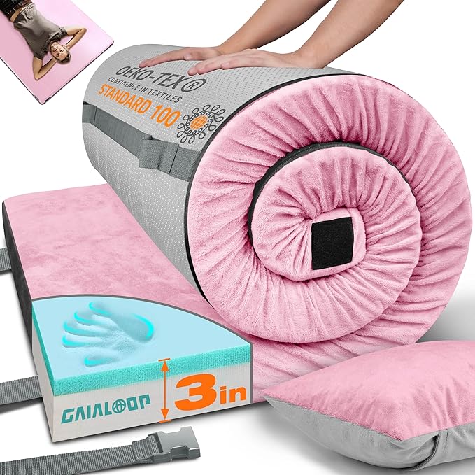 GAIALOOP 3 Inch Memory Foam Camping Mattress, Dual Layer Thick Sleeping Camp Pad for Car Tent Cot, Roll-Up Portable Glamping Floor Bed for Guests Sleepover