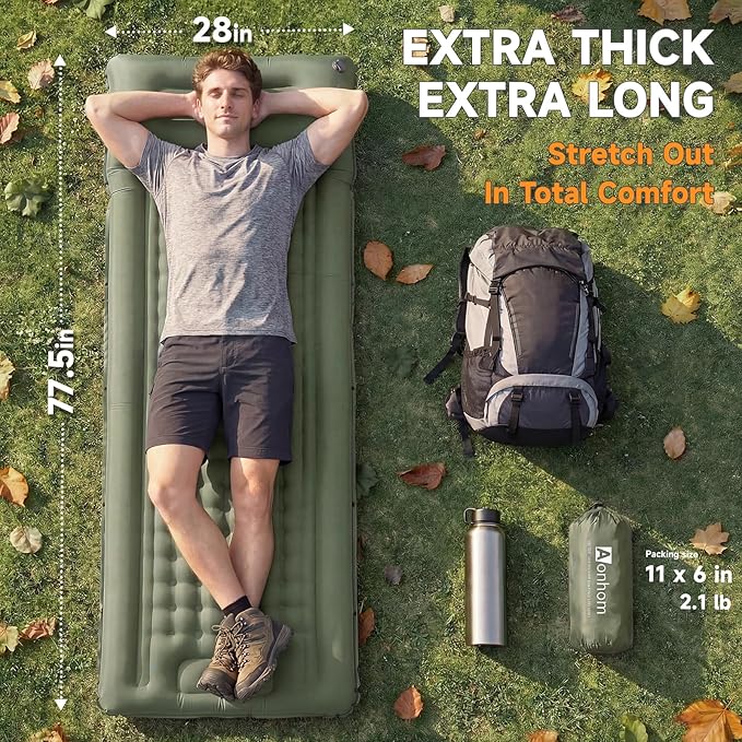Camping Sleeping Pad, 5" Ultralight Inflatable Sleeping Mat with Pillow, Built-in Foot Pump Inflatable Sleeping Pads Compact for Camping Backpacking Hiking Traveling Tent (Green)