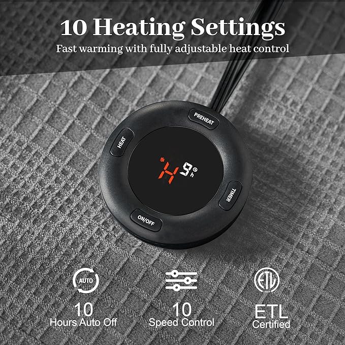 Electric Blanket Queen Size 84''X90'' - Heated Blanket with Dual Control Fast Heating 10 Heating Levels & 10 Hours Auto Off,ETL Certified Machine Washable (Grey)