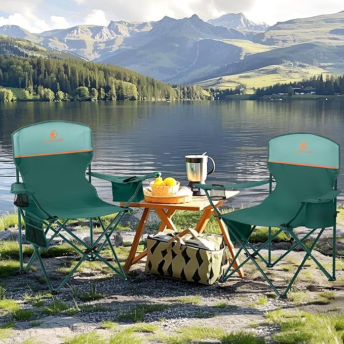 ALPHA CAMP Folding Camping Chairs for Adults Lawn Chairs Outdoor Chairs Support 250 LBS Portable Camp Chairs with Cup Holders Cooler Pouch for Outdoor, 2 Pack
