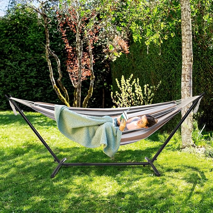ONCLOUD 9 FT Hammock Stand Only, Heavy Duty Adjustable Indoor Outdoor Space Saving Steel Stand with Carrying Case, Universal Hammock Stand with 450 Pounds Capacity for Garden (Black)