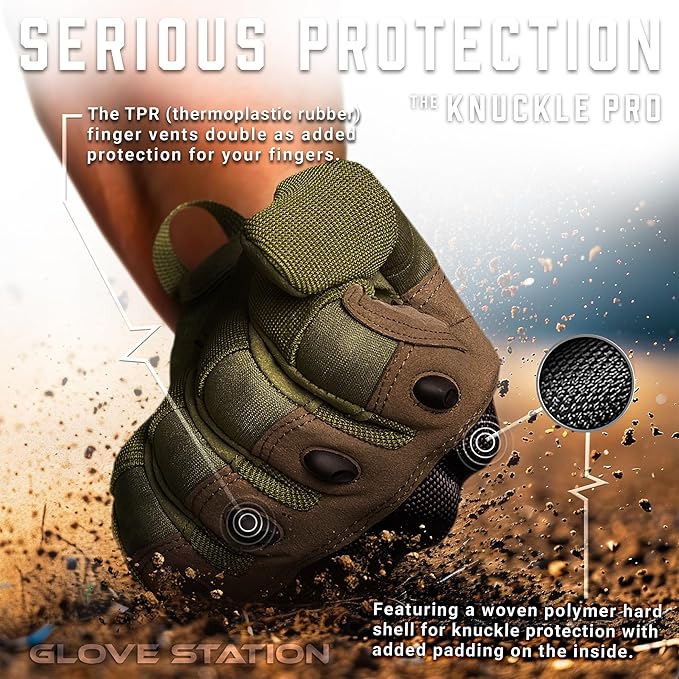 Glove Station Tactical Gloves for Men – Touchscreen Utility Gear with Hard Knuckle Protection Used in Motorcycle, Airsoft, Combat, Police, Shooting & Outdoor Work Green - Hard Knuckle Medium