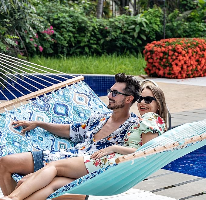 Lazy Daze Hammocks 2 Person Hammock with 12FT Stand for Outside, Quilted Double Hammock with Detachable Pillow, Balance Strap & Carrying Bag Included, 450lbs Capacity, Tool-Free Assembly, Floral Auqa