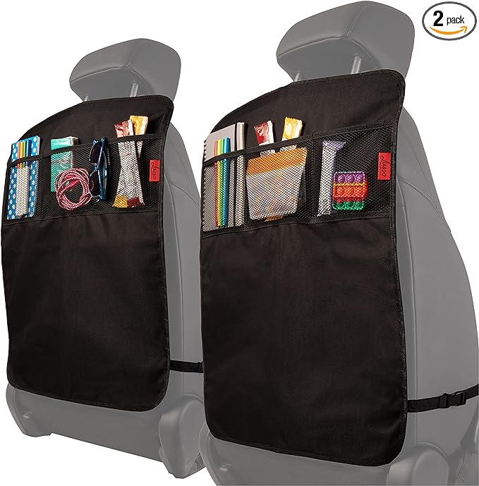 Lusso Gear Seat Back Protector - 2-Pack Kids Kick Mat & Car Seat Organizer - Waterproof Oxford Backseat Cover - 3 Mesh Pockets for Car Organization, Black