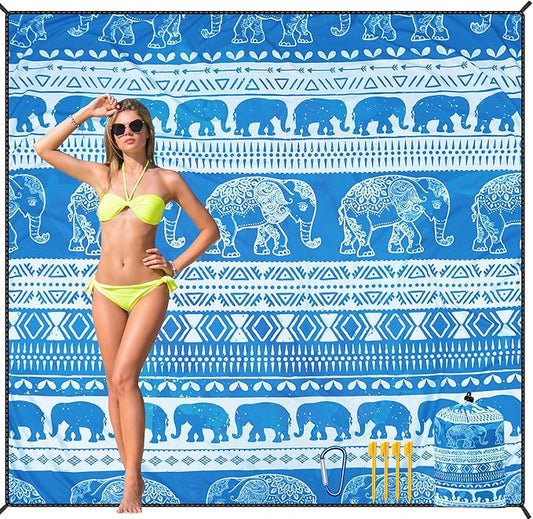 HIHOHO Beach Blanket Waterproof Sandproof Beach Mat for 1-8 Adults Quick Drying Durable Outdoor Picnic Mat for Beach Festival Travel Camping Hiking (Elephant-GC BL, 79"×83"(4 Person))