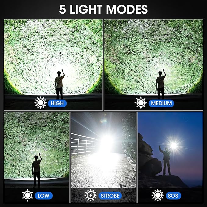 KINGCAESAR 3 Pack Flashlights 990000 High Lumens - Super Bright Rechargeable Flashlight with 5 Light Modes, IPX7 Waterproof Powerful LED Flash Light for Home, Camping