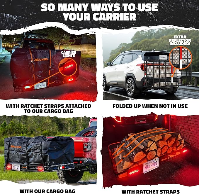 Mockins 72"x36"x6" XXL Folding Trailer Hitch Cargo Carrier w/ 50 CuFt Waterproof Cargo Bag for Hitch Carrier | 500 Lbs Cap Luggage Rack for SUV Car & Truck w/Rear Lights, License Plate Holder & More